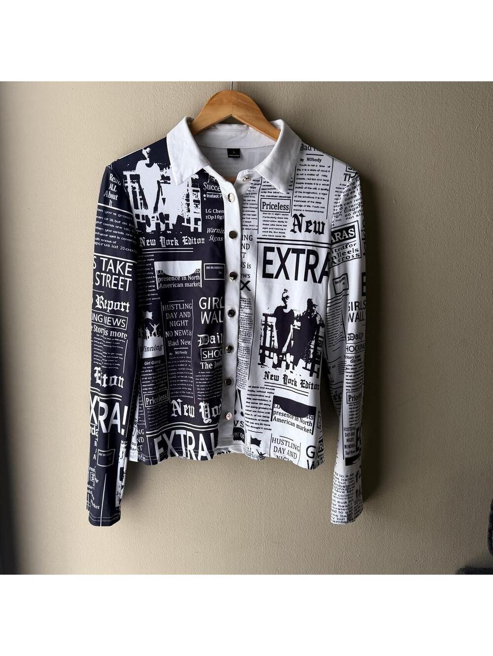 SHEIN Black & White Newspaper Print Collared Top 📰